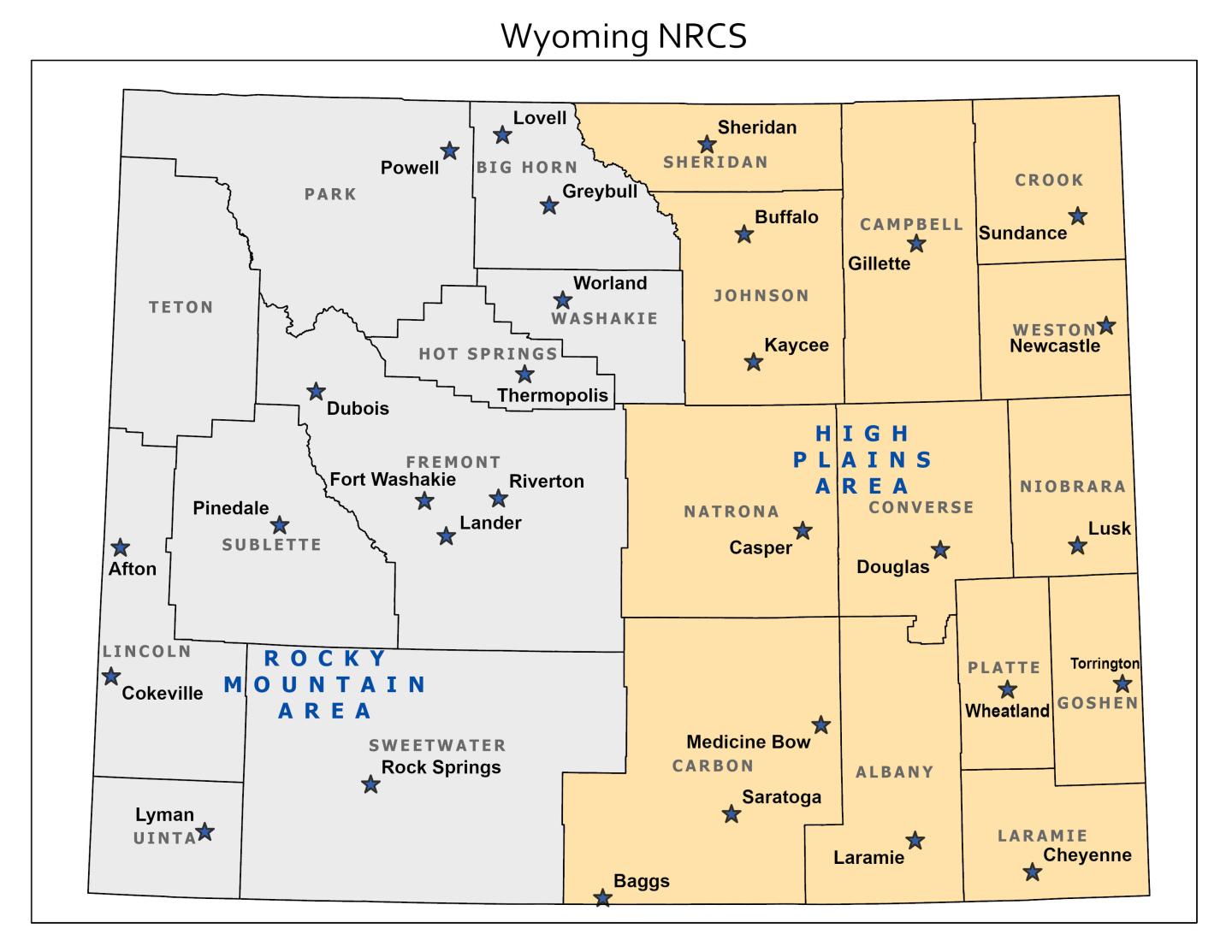Wyoming NRCS Area Map 2024 showing State office and Field Offices