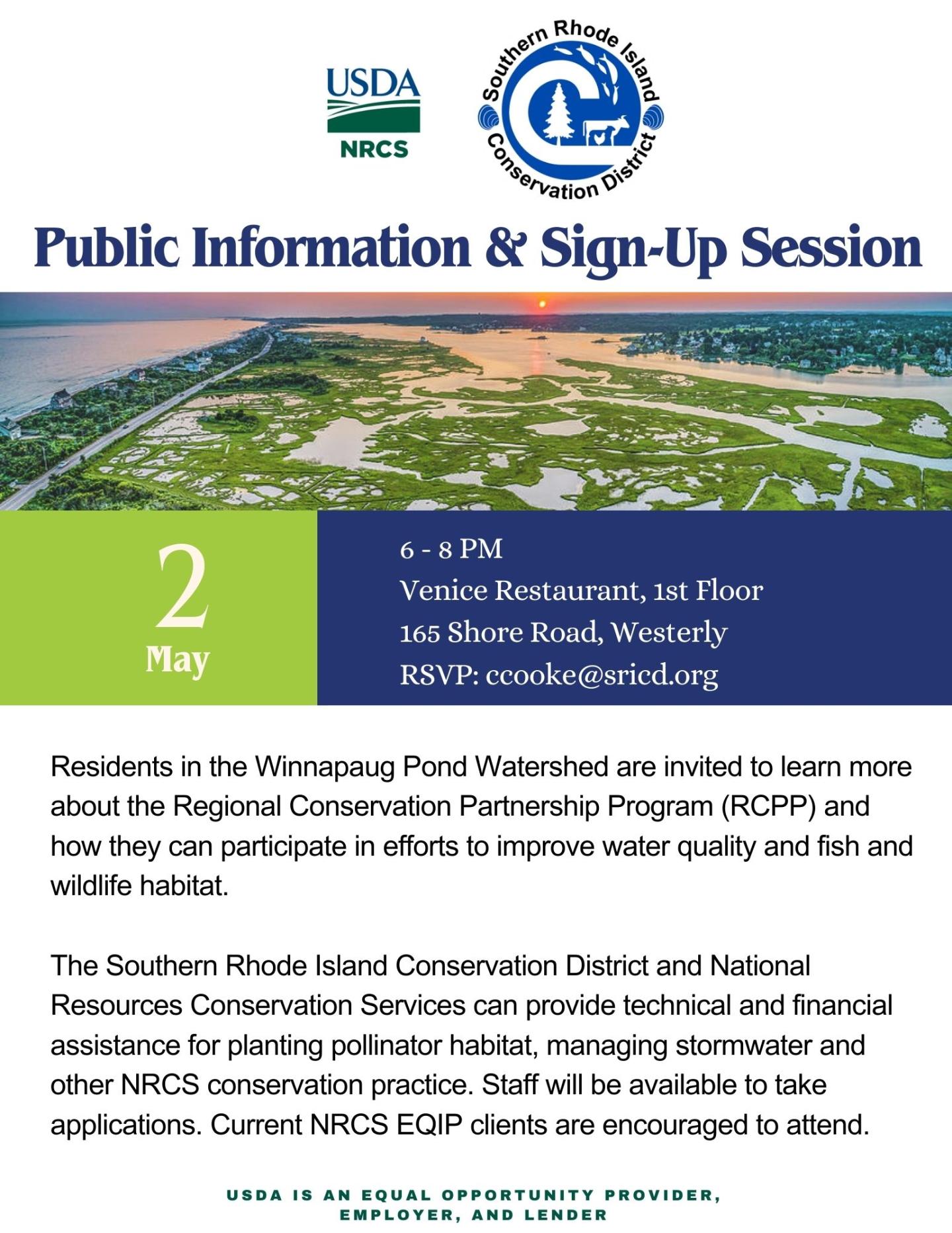 Winnapaug Pond Watershed, RI, RCPP Public Information and Sign-up Session Flyer.