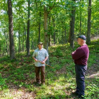 Indiana NRCS State Forester Daniel Shaver (left) and David Ray check out the ongoing work being done at a private forest owned by Ray in Jackson County, IN during a visit May 24, 2022. Ray purchased 310 acres of forestland in 1995 to use for recreational purposes including hunting, hiking and foraging. Ray enrolled his land in NRCS’ Environmental Quality Incentives Program in 2017 for forest stand improvement and brush management. After the conclusion of his EQIP contract, he enrolled the acres in NRCS’