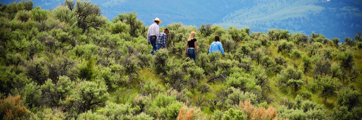 A ranch family walks together across a sagebrush steppe hillside in Western Montana