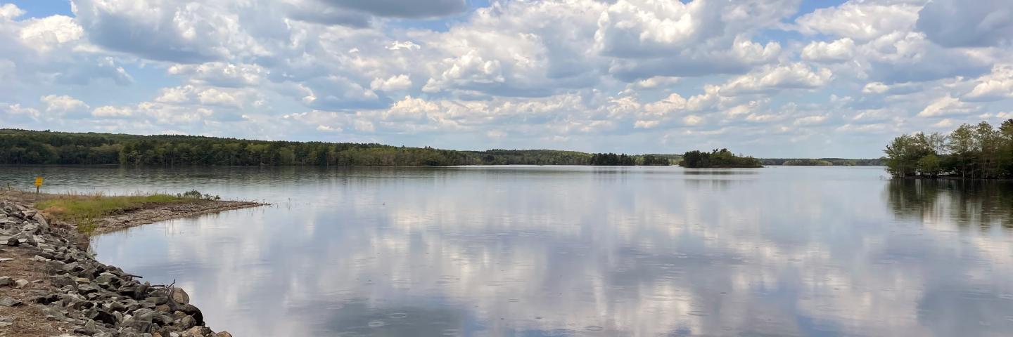Eastern side of Scituate Reservoir, facing northwest, on Plainfield Pike in Scituate, RI. Photo by Meghan Santos, USGS New England Water Science Center, May 17 2021.