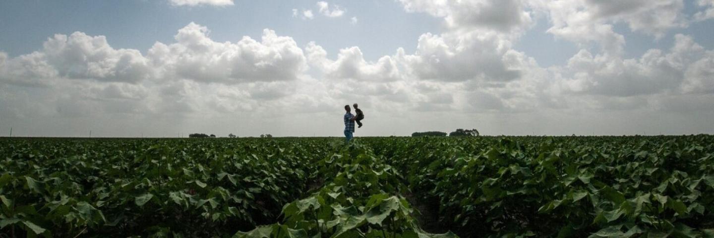 father holding son in field