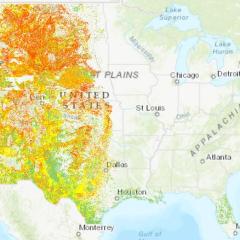 Map of the United States with an overlay of rangeland data.