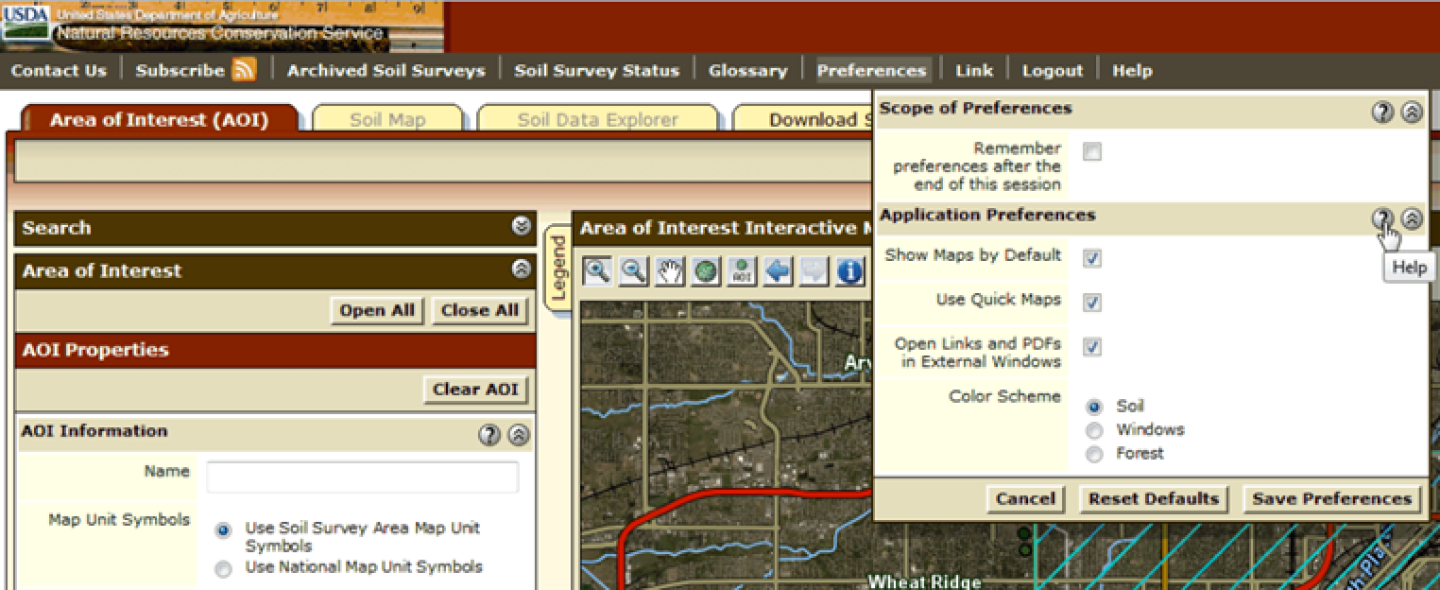 Web Soil Survey has a preferences link on the main navigation bar. Preferences are described in the Preferences panel online help.