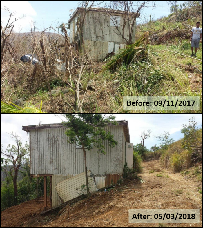 Hurricane Irma-damaged farm in Bordeaux, St. Thomas, VI, before and after NRCS-funded obstruction removal.