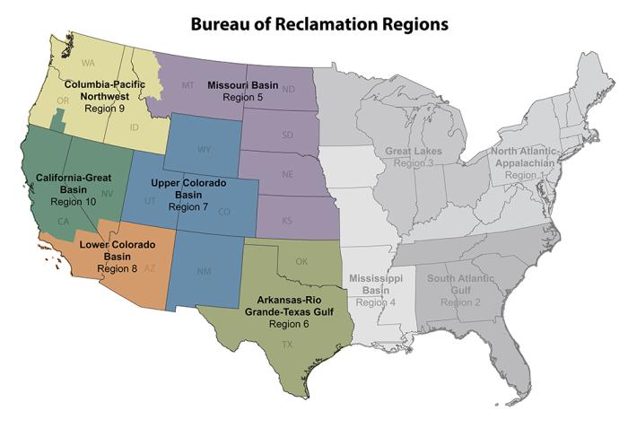 Missouri Basin Region 5: 75% of Montana east of the Idaho border, North Dakota, South Dakota, Nebraska, Kansas Arkansas-Rio Grande-Texas Gulf Region 6: Oklahoma, Texas Upper Colorado Basin Region 7: Wyoming, Utah, Colorado, New Mexico Lower Colorado Basin Region 8: Arizona, lower 1/3 California, 10% of Nevada Columbia-Pacific Northwest Region 9: Washington, Idaho, 25% of western Montana, 80% of Oregon California-Great Basin Region 10: upper 2/3 of California, part of lower SW Oregon, upper 90% of Nevada