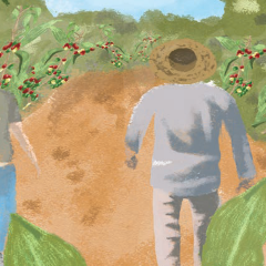 Illustration of man in hat and women walking through field of fruits and veggies.
