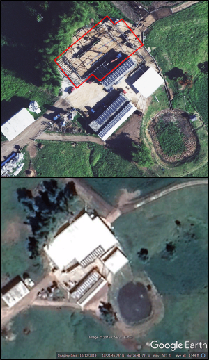 Top: Aerial image of Empresas Aulet dairy barn in Morovis, PR, after destroyed roofs and covers removed (red outline shows extent of previous roof). Bottom: Aerial image of the farm showing cattle safely covered after implementing NRCS Roofs and Covers practice in Oct. 2019.